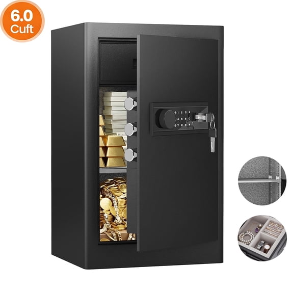 6.0 Cu Ft Large Home & Office Safe with Adjustable Shelf, Built-in Jewelry Drawer, Digital Keypad + Key Lock – Anti-Theft Secure Storage for Cash, Gold, Jewelry, Documents & Valuables (Black)