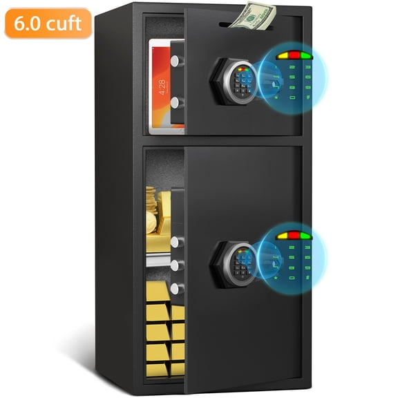 6.0 Cuft Large Safe Box with Drop Slot, Double Door Digital Security Safe Cabinet for Home Office Business, Dual Keypad Alloy Steel Cash Box with Inner LED Light, Mute Mode & 4 Emergency Keys