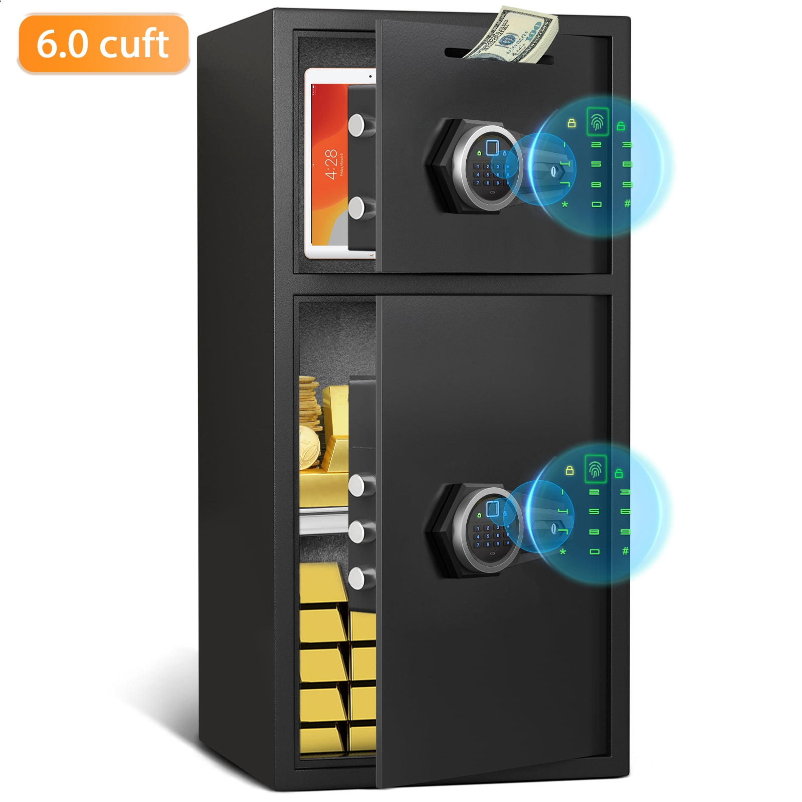 6.0 Cu Ft Biometric Fingerprint Safe Box, Large Double Door Security Cabinet with Drop Slot & Dual LED Light, Alloy Steel Home Safe with Digital Keypad for Money Valuables Documents, Black