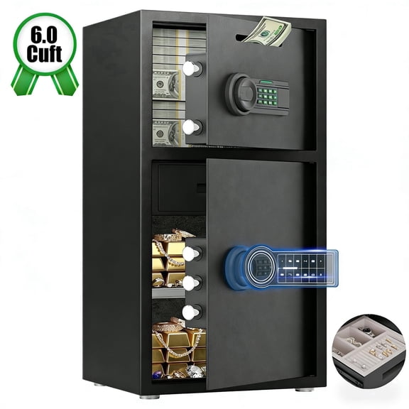 6.0 Cub Extra Large Home Safe Box, Safe Box with Jewelry Drawer Room & Drop Slot & Hooks, Home Safe with Dual Alarm & Mute Function, Money Safe with Adjustable Shelf for Documents and Valuables