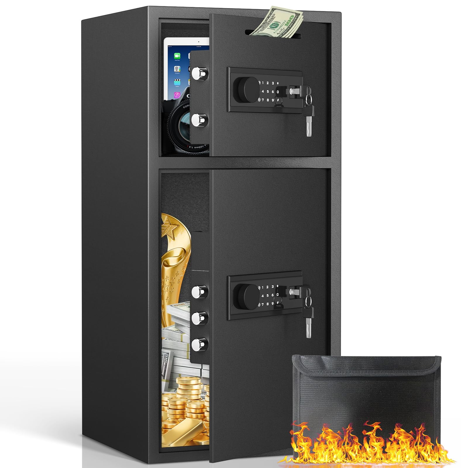 6.0 Cub Extra Large Safe Box, Home Safe with Fireproof Waterproof Bag & Drop Slot, Money Safe with Backlit Touch Keypad, Drop Safe Box with Double Door for Business Home