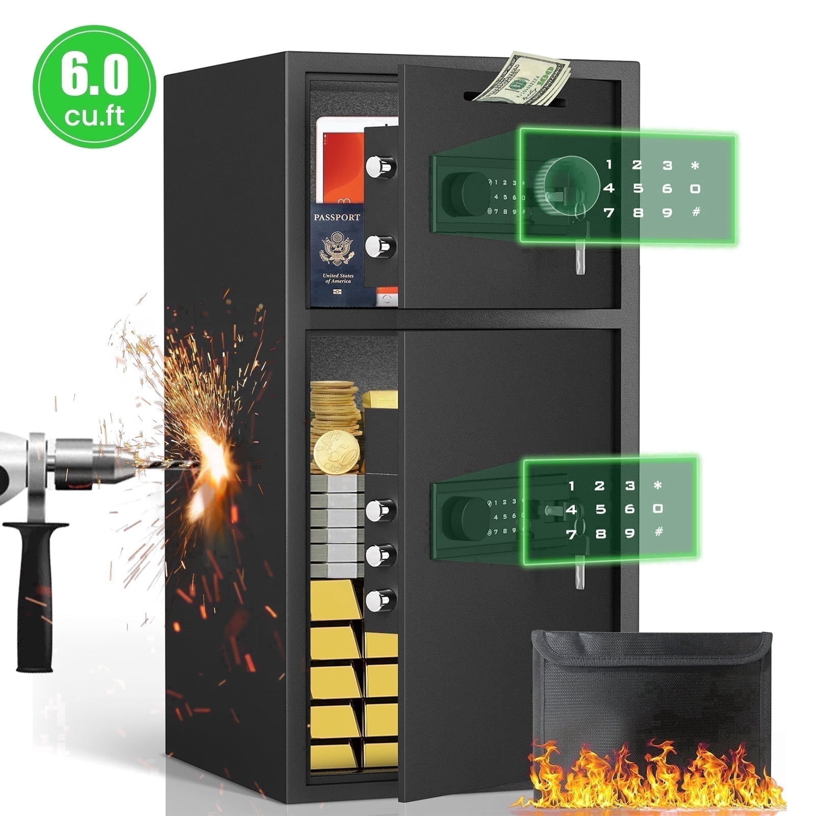 6.0 Cubic Feet Extra Large Fireproof & Waterproof Safe Box with Backlit Touch Keypad & Drop Slot, Durable Electronic Coin Safe for Home, Drop Safe with Fireproof Waterproof Bag