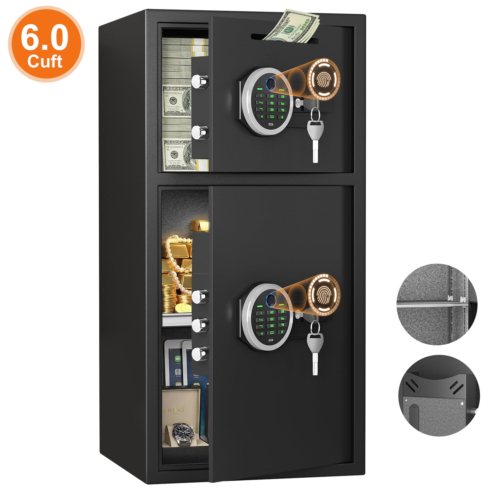 6.0 Cuft Extra Large Home Safe Box Fireproof Waterproof, Fingerprint Safe, Home Security Safes Box with Adjustable Shelf & Deposit Slot, Money Safes with Backlit Keypad & Dual Alarm for Home Office