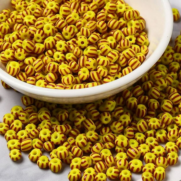6/0 Opaque Colours Seep Glass Seed Beads Round Hole Round with Stripe Pattern golden 3~4.5x3~4.5mm Hole: 1.2~1.5mm