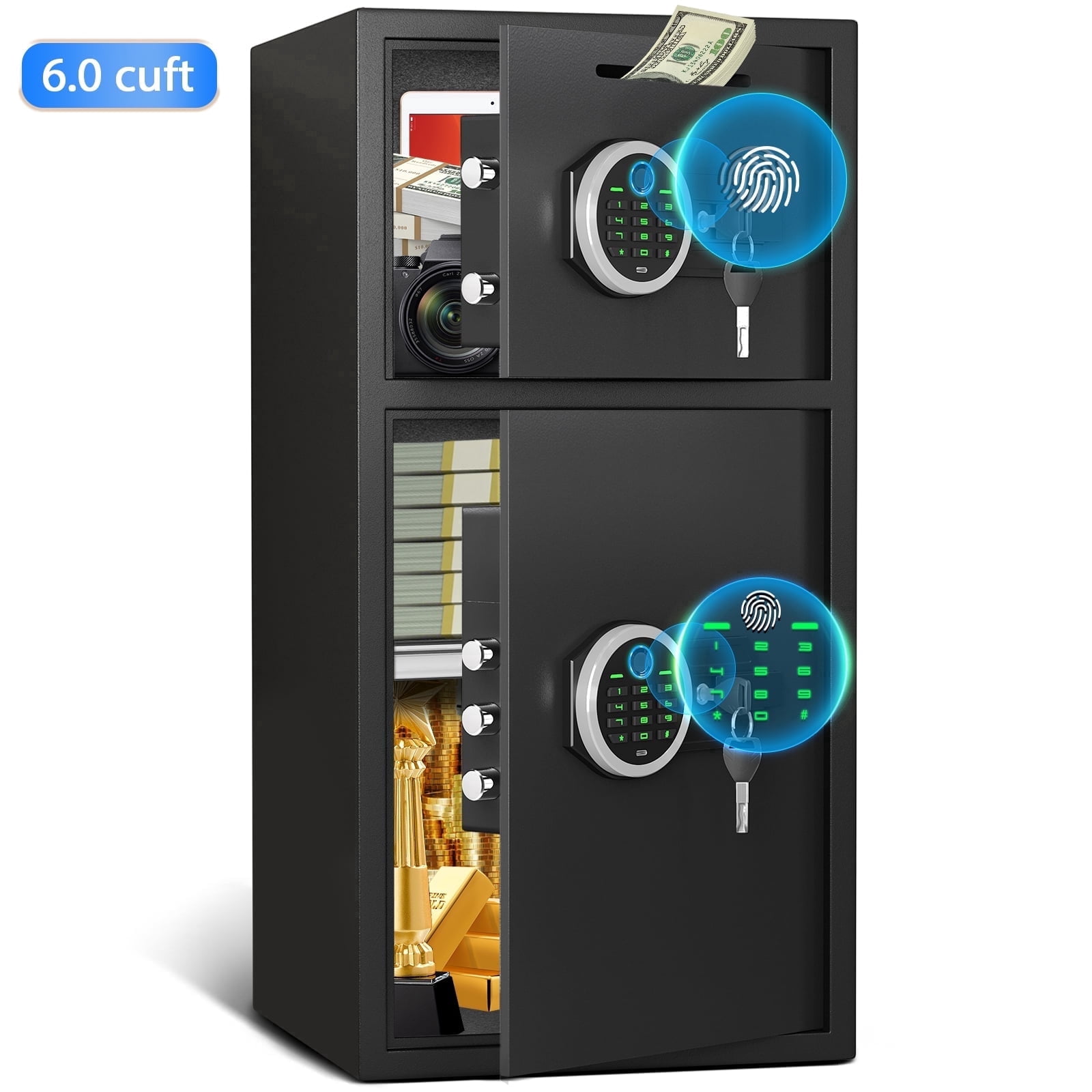 Riflewell 6.0 Cu.Ft Home Security Safe with Adjustable Shelf & Drop Slot, Biometric Fingerprint & Digital Keypad Entry, Double Door Steel Depository Safe for Rifles, Cash, and Valuables, Black