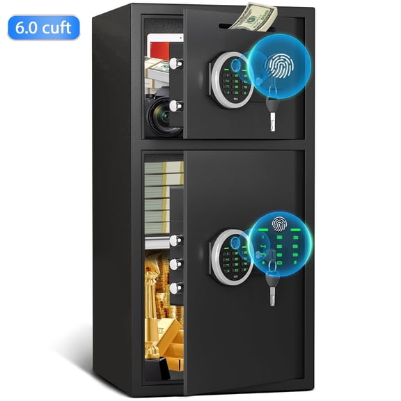 Riflewell 6.0 Cu.Ft Home Security Safe with Adjustable Shelf & Drop Slot, Biometric Fingerprint & Digital Keypad Entry, Double Door Steel Depository Safe for Rifles, Cash, and Valuables, Black