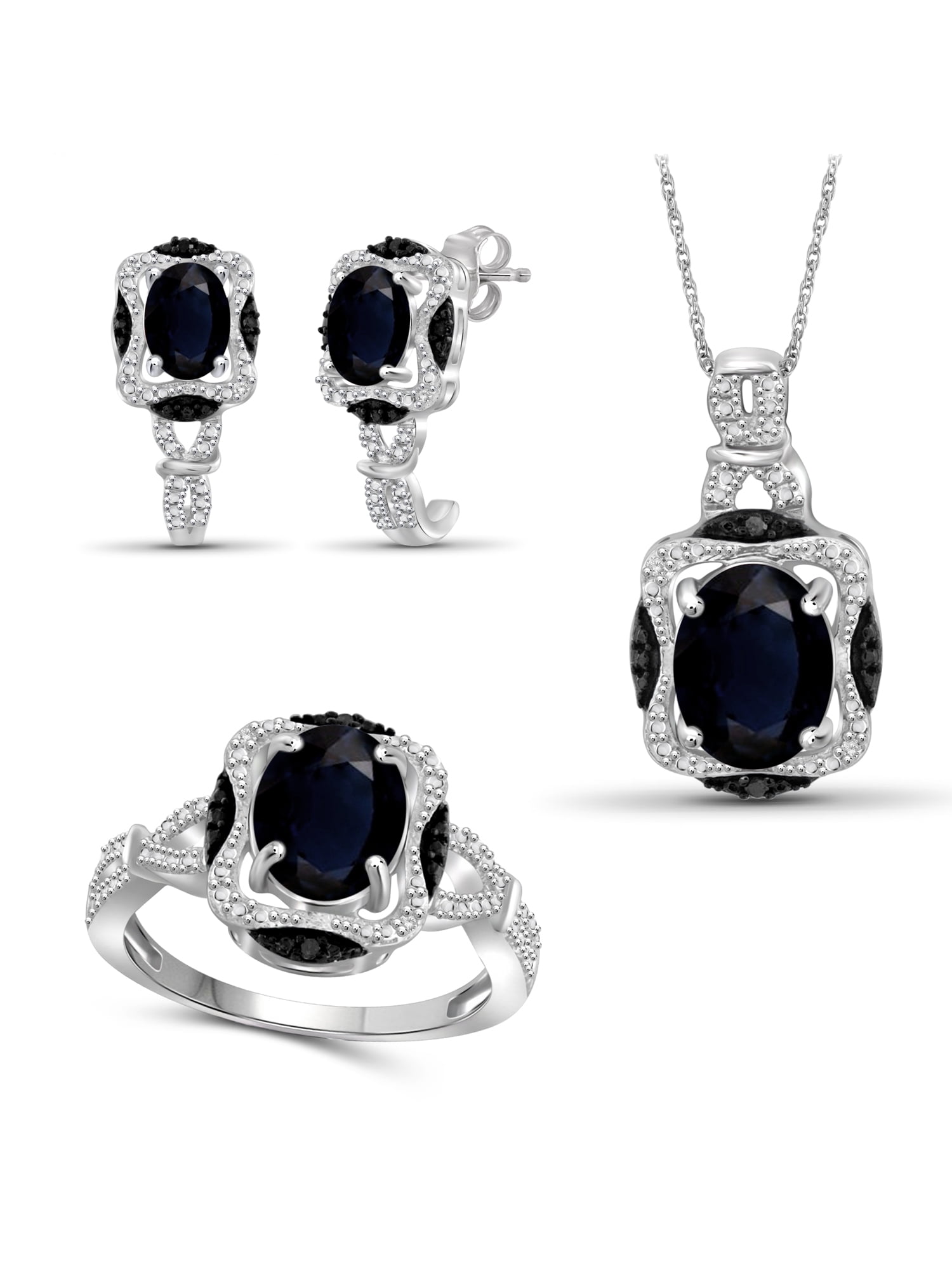 6.00 Carat T.G.W. Sapphire And Black & White Diamond Accent Sterling Silver 3-Piece Jewelry set