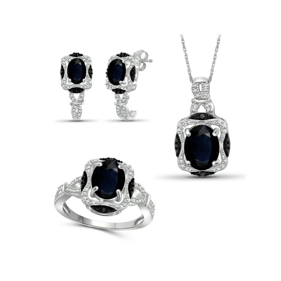 6.00 Carat T.G.W. Sapphire And Black & White Diamond Accent Sterling Silver 3-Piece Jewelry set