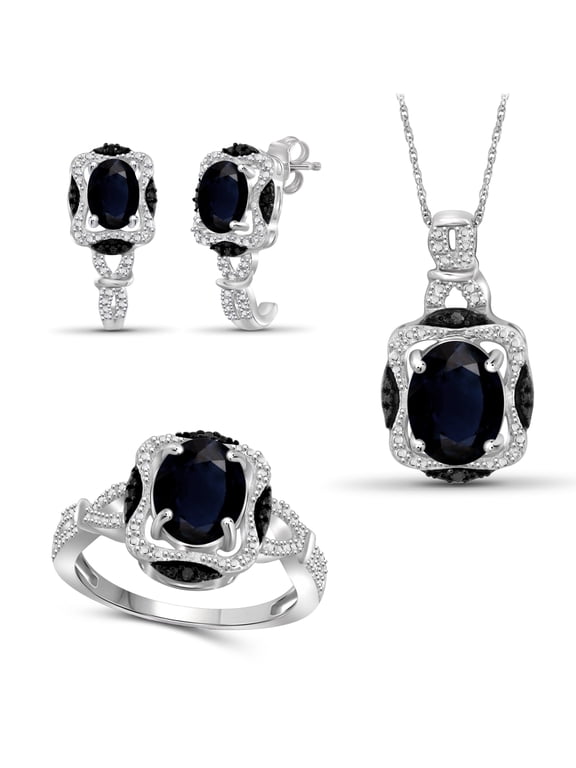 6.00 Carat T.G.W. Sapphire And Black & White Diamond Accent Sterling Silver 3-Piece Jewelry set