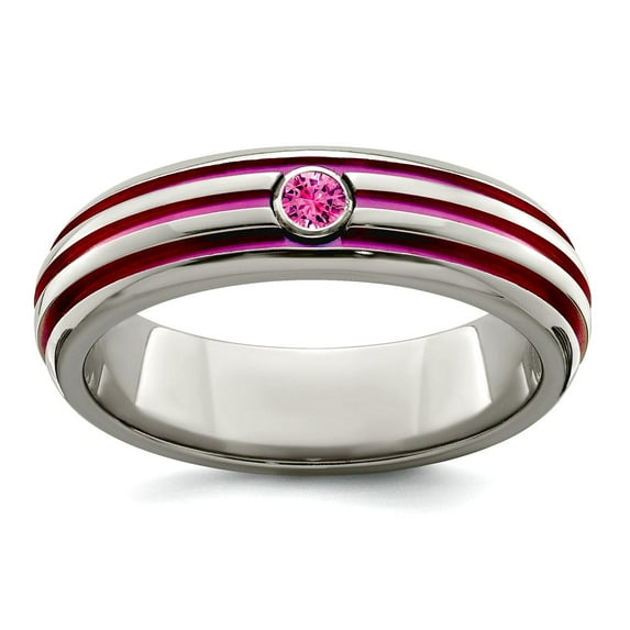 6.00mm Titanium Bezel Polished Triple Groove Pink Anodized and Pink Sapphire Ring Size 5.5 Ring for Women