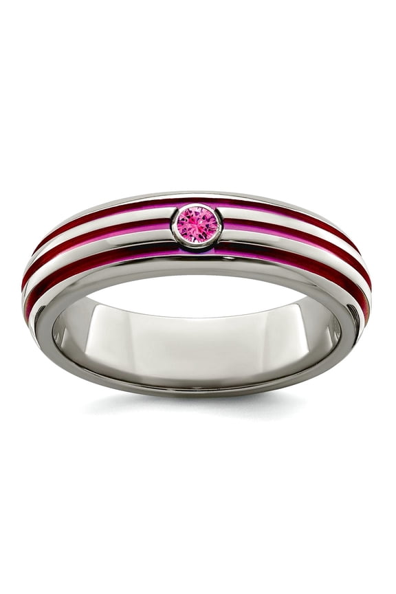 6.00mm Titanium Bezel Polished Triple Groove Pink Anodized and Pink Sapphire Ring Size 9 Ring for Women