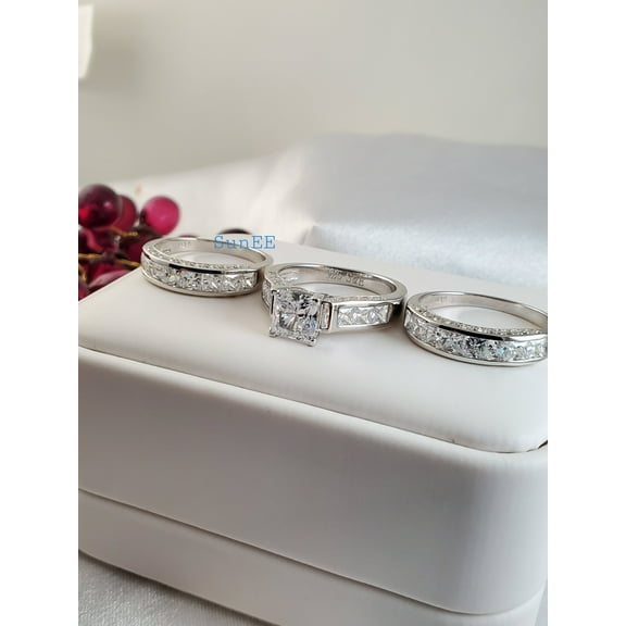 6.01ct Princess Cut with 2 Bands Bridal Wedding Engagement Ring Diamond Simulated 925 Sterling Silver Anniversary Ring SKU:00146