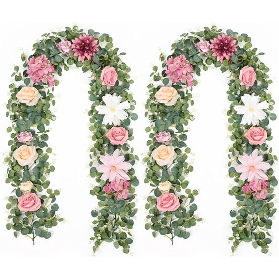 6.07Ft Artificial Flower Garland Decorations, Eucalyptus Greenery Garland with Flowers, Pink Rose Garland Flower Vines for Wedding Table Runner Centerpieces Backdrop Room Decor (Pink)