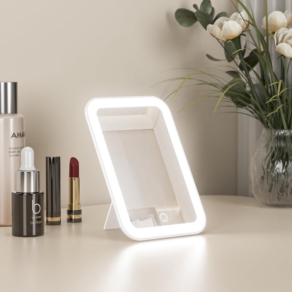 6.08"*4.21"Travel Makeup Mirror, Rechargeable LED Lighted Portable and Lightweight, 3 Colors Dimmable Touch Screen Tabletop Make up for Women Gift, White