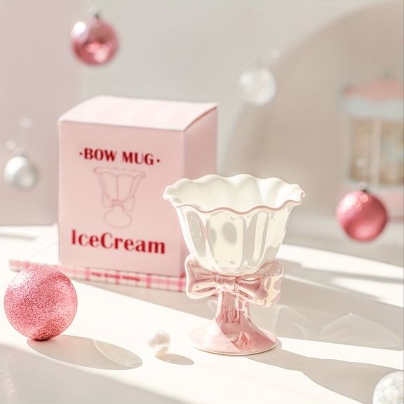 6.09oz Japanese Ice Cream Cup with Bow Design, Ceramic, Reusable, Color Changing, Multipurpose, Perfect for Valentine'S Day and Graduation Celebrations