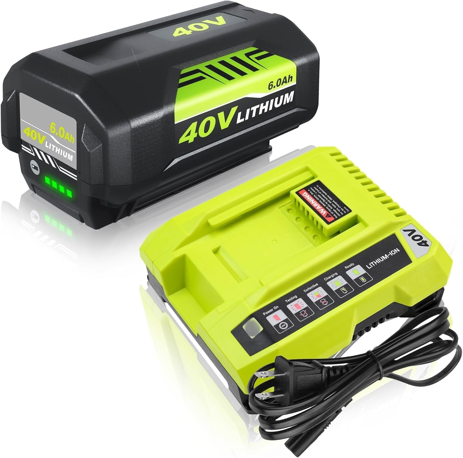 6.0Ah OP40601 Replacement for Ryobi 40V Battery Lithium Ion and OP401 Charger Compatible with Ryobi 40 Volt Battery OP4026 OP4050A OP4040 OP4030 OP4050