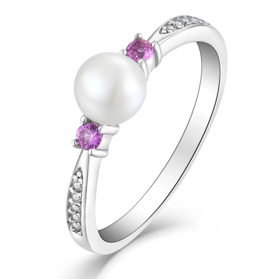 6.0mm Round Button Natural Pearl and Lab-Created Amethyst, Moissanite Engagement Ring in 925 Sterling Silver for Her – Elegant, Timeless, and Ethical Jewelry