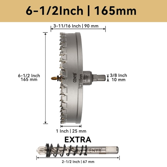 6-1/2" (165mm) Tungsten Carbide Tipped Hole Saw with 2Pcs -Plated Pilot Drill Bits for Hard Metal,Stainless Steel,Iron,Aluminum Alloy,Wood and Plastic