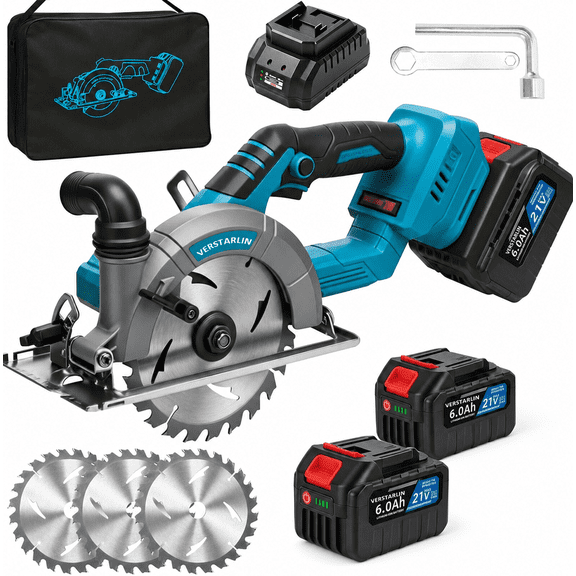 6-1/2" Cordless Circular Saw,Brushless Sierra Circular with 2 x 6.0Ah Battery & 3 Blade,Electric Hand Circle Saw 0-45 Cutting Bevel,Max Cut Depth 2-1/4"(90),1-7/16" (45) for Wood Metal PVC