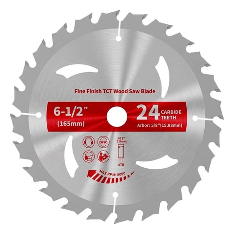 6-1/2 Inch Circular Saw Blade 24 Tooth TCT Wood Cutting Saw Blade with 5/8" Arbor, Carbide Tipped Framing & Fine Finish Saw Blade for Hardwood, Softwood, Plywood, MDF