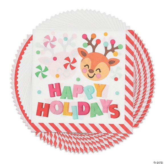 6 1/2" Sugar Rush Reindeer Happy Holidays Disposable Paper Luncheon Napkins 24 Count
