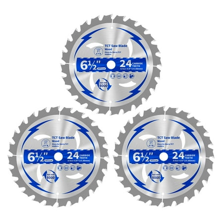 3-Pk 6-1/2 inch Carbide Saw Blades, 24T, 5/8" Arbor, Wood/Plastic/Composite Cutting