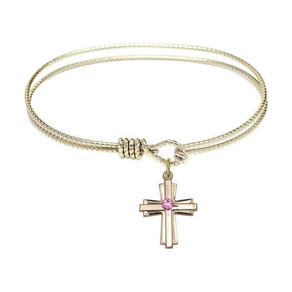 6 1/4 inch Oval Eye Hook Bangle Bracelet w/ Cross medal charm w/ Rose Swarovski Crystal
