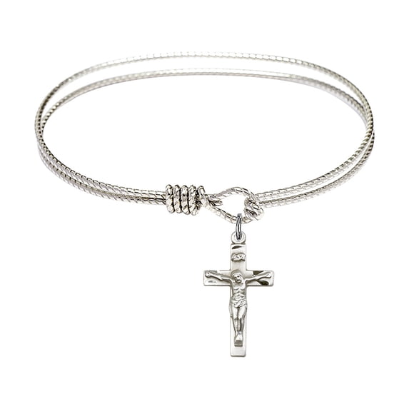 6 1/4 inch Oval Eye Hook Bangle Bracelet w/ Crucifix in Sterling Silver