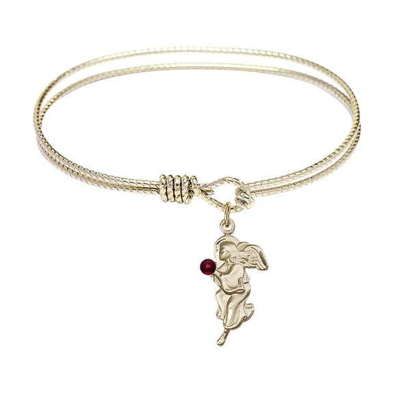 6 1/4 inch Oval Eye Hook Bangle Bracelet w/ Guardian Angel medal charm w/ January Red Swarovski Crystal