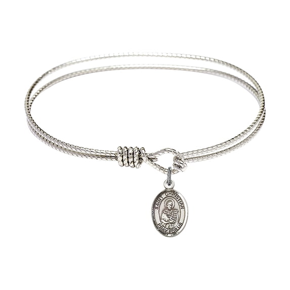 6 1/4 inch Oval Eye Hook Bangle Bracelet w/ St. Christian Demosthenes in Sterling Silver
