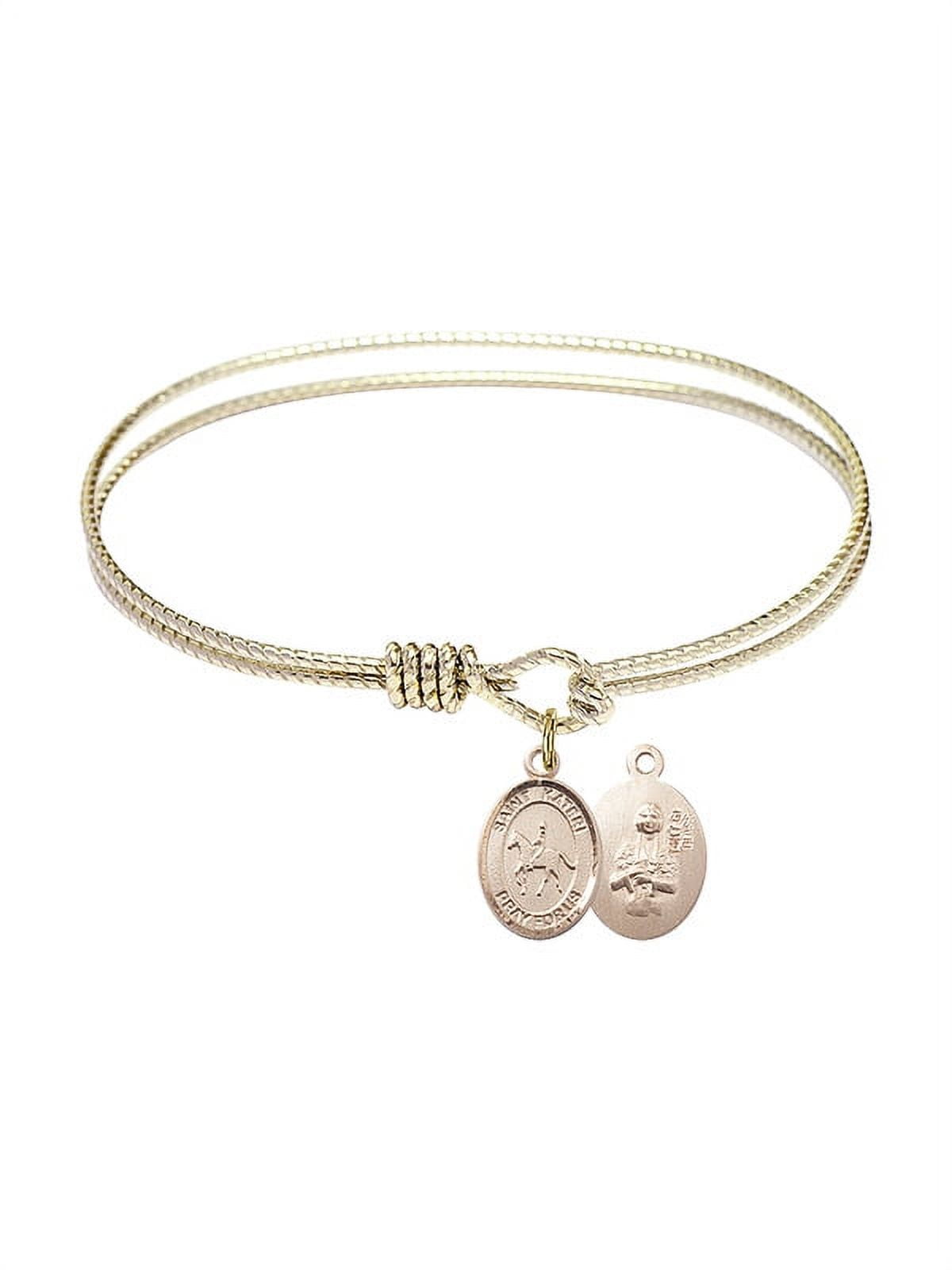 6 1/4 inch Oval Eye Hook Bangle Bracelet w/ St. Kateri/Equestrian in Gold-Filled