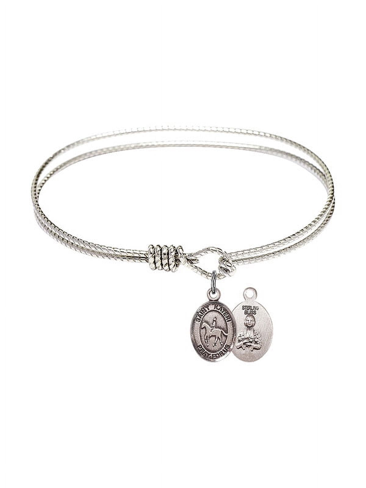 6 1/4 inch Oval Eye Hook Bangle Bracelet w/ St. Kateri/Equestrian in Sterling Silver