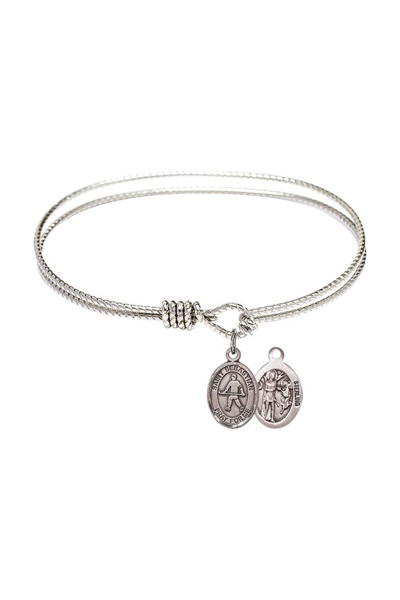 6 1/4 inch Oval Eye Hook Bangle Bracelet w/ St. Sebastian/Field Hockey in Sterling Silver