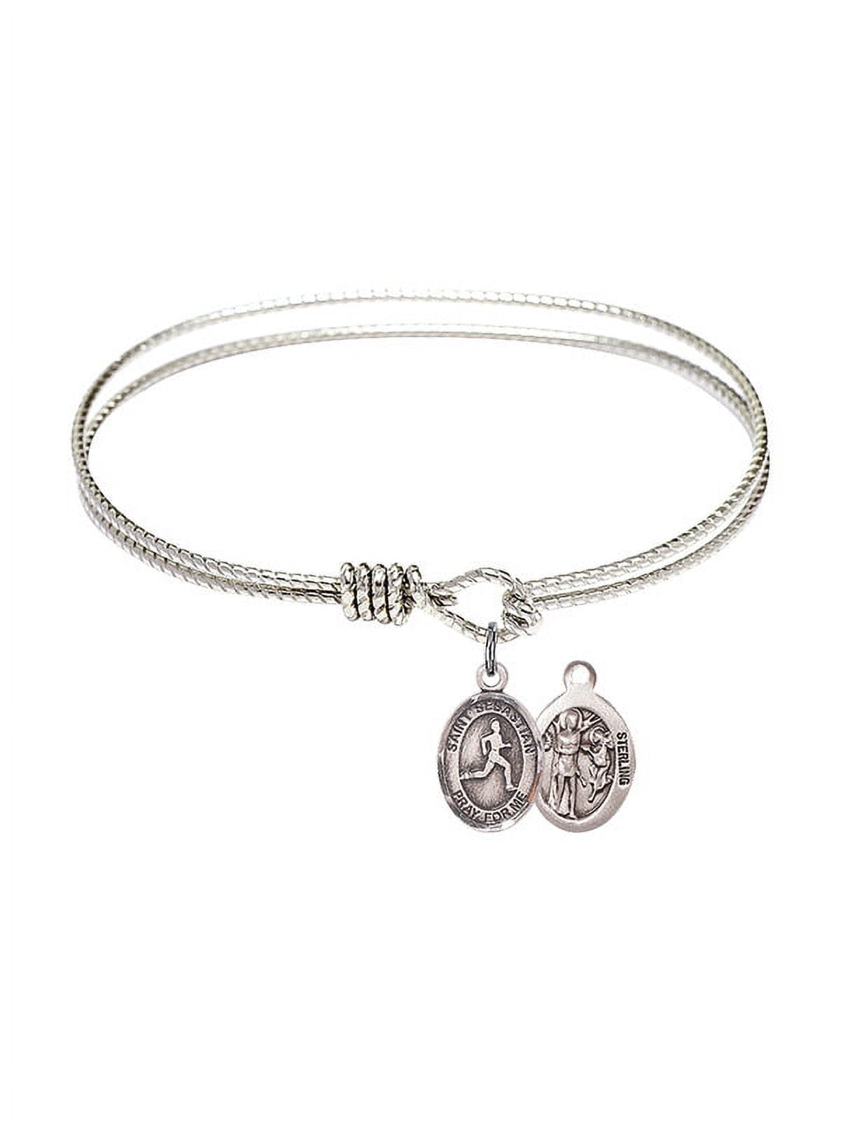 6 1/4 inch Oval Eye Hook Bangle Bracelet w/ St. Sebastian/Track & Field in Sterling Silver