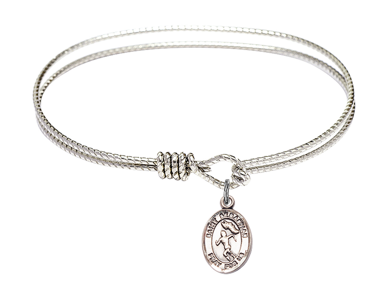 6 1/4 inch Oval Eye Hook Bangle Bracelet w/ St. Sebastian/Track&Field in Sterling Silver