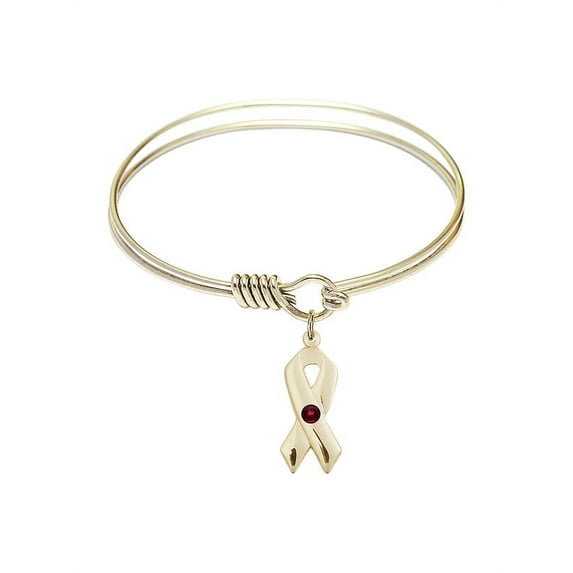 6 1/4 inch Round Eye Hook Bangle Bracelet w/ Cancer Awareness medal charm w/ January Red Swarovski Crystal
