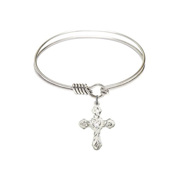 6 1/4 inch Round Eye Hook Bangle Bracelet w/ Cross medal charm w/ April Crystal Swarovski Crystal