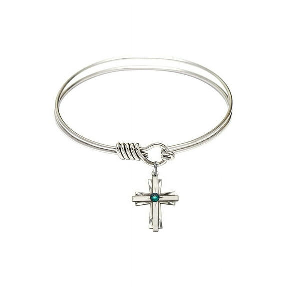 6 1/4 inch Round Eye Hook Bangle Bracelet w/ Cross medal charm w/ May Green Swarovski Crystal