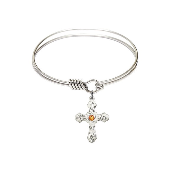 6 1/4 inch Round Eye Hook Bangle Bracelet w/ Cross medal charm w/ November Yellow Swarovski Crystal