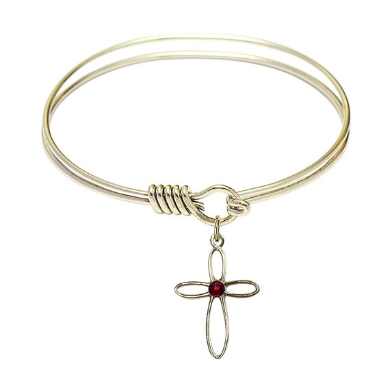 6 1/4 inch Round Eye Hook Bangle Bracelet w/ Loop Cross medal charm w/ January Red Swarovski Crystal