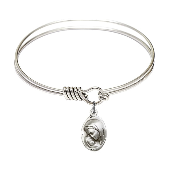 6 1/4 inch Round Eye Hook Bangle Bracelet w/ Madonna & Child in Sterling Silver