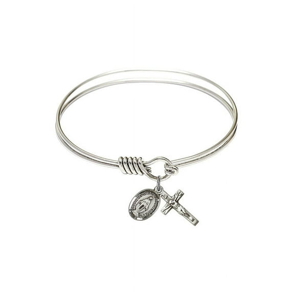6 1/4 inch Round Eye Hook Bangle Bracelet w/ Miraculous/Crucifix in Sterling Silver