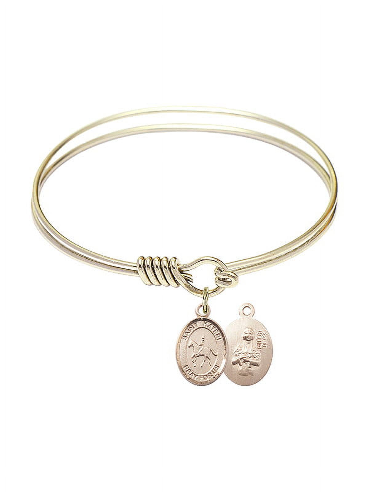 6 1/4 inch Round Eye Hook Bangle Bracelet w/ St. Kateri/Equestrian in Gold-Filled