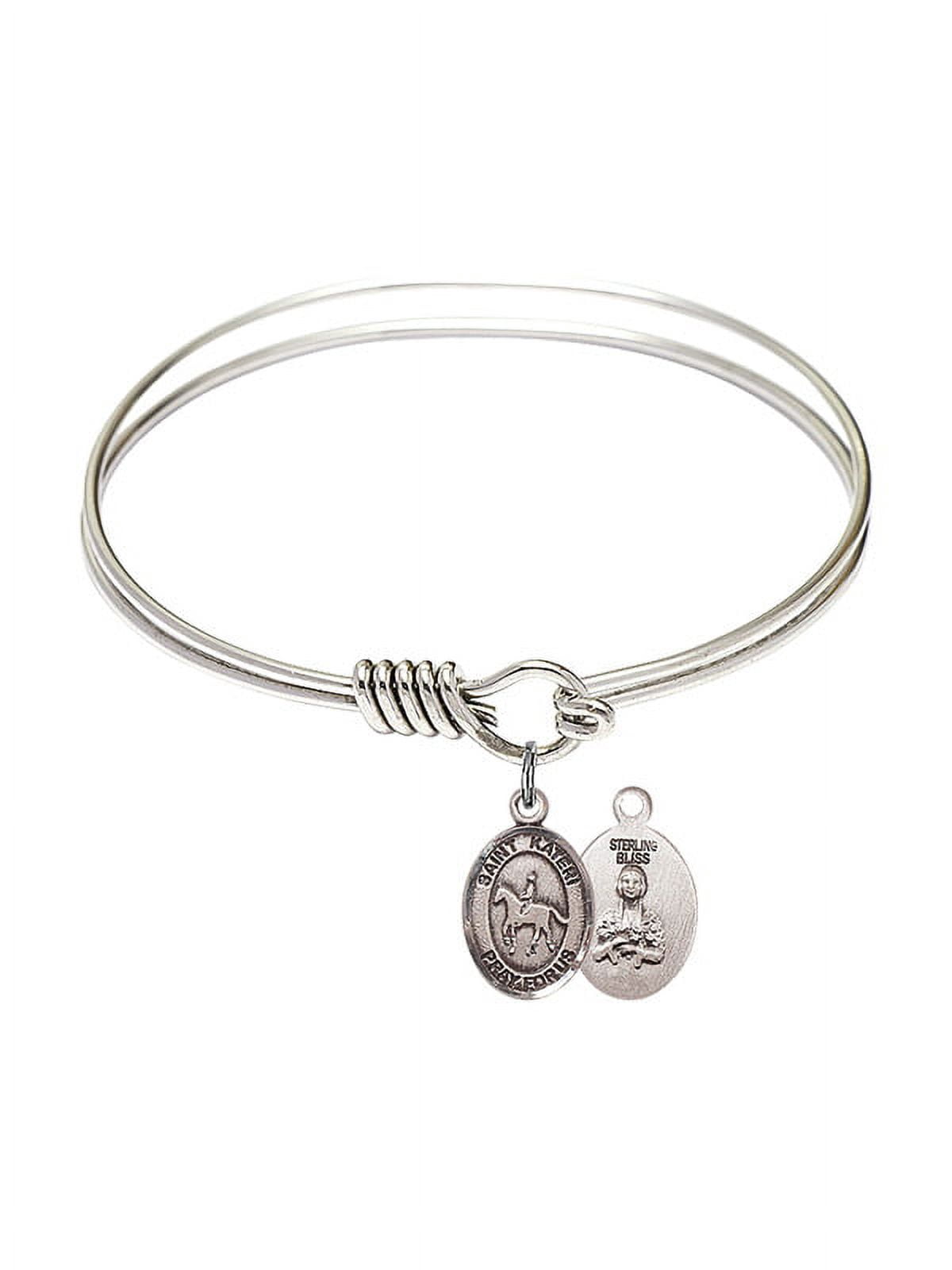 6 1/4 inch Round Eye Hook Bangle Bracelet w/ St. Kateri/Equestrian in Sterling Silver