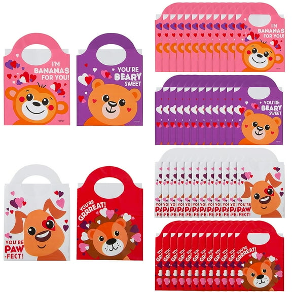6 1/4" x 8 1/4" Bulk 50 Pieces Plastic Cute Animals Valentines Day Goody Bags