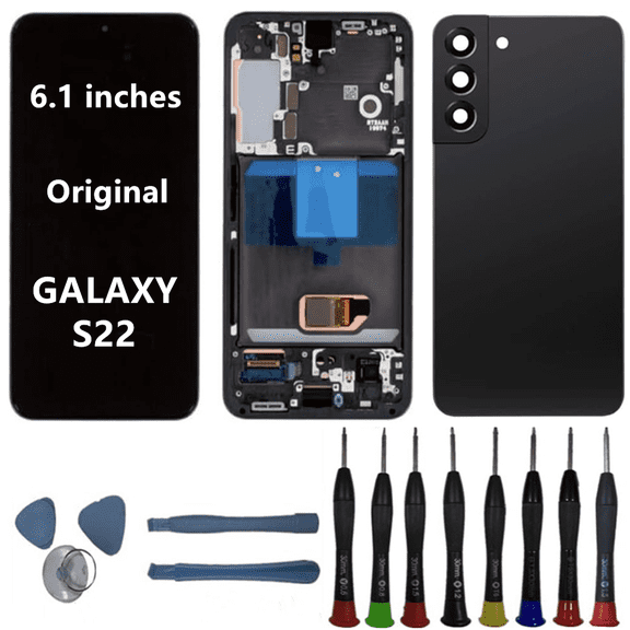 6.1" AMOLED Original for Samsung Galaxy S22 Display Touch Screen Digitizer Assembly S22 5G S901U S901B/DS S901U1 S901W S901E LCD Screen Replacement (with Black Frame+Back Cover+Tools)