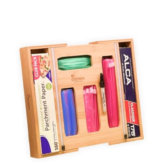 6 IN 1 Bamboo Baggie Organizer for Drawer with Labels Expandable Storage Bag Organizer with Aluminum Foil and Saran Wrap Cutter Compatible with Quart Gallon Sandwich and Snack Size Bags