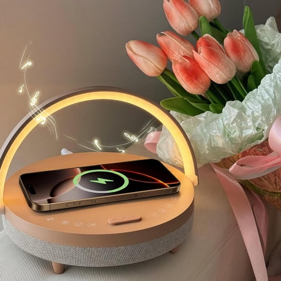 LED Night Light with Wireless Charger, Bluetooth Speaker, White Noise Machine, Bedside Lamp, Phone Holder, Sleep Aid for Bedroom