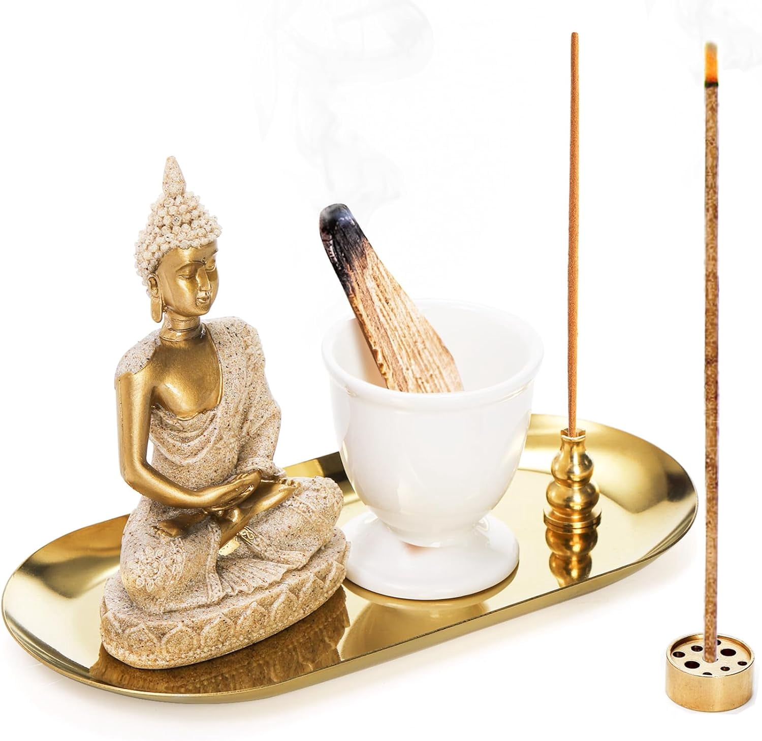 6 in 1 Brass Incense Burner Holder, Palo Santo & Sage Sticks Holder, Ash Catcher Tray with Buddha Statue for Coil Incense, Incense Cone & Stick, Meditation Accessories, Yoga Room Decor