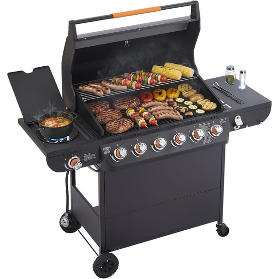 6+1 Burner Propane Gas Grill, 72000 BTU Stainless Steel BBQ Grill with Side Burner for Outdoor Backyard, Camping, Patio, and Tailgating (6+1 burner B)